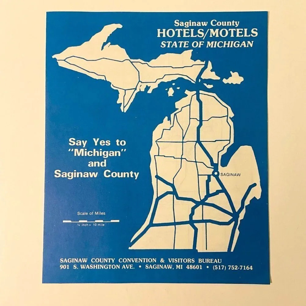 Vintage Saginaw County Hotels Motels State of Michigan Map Brochure Pamphlet